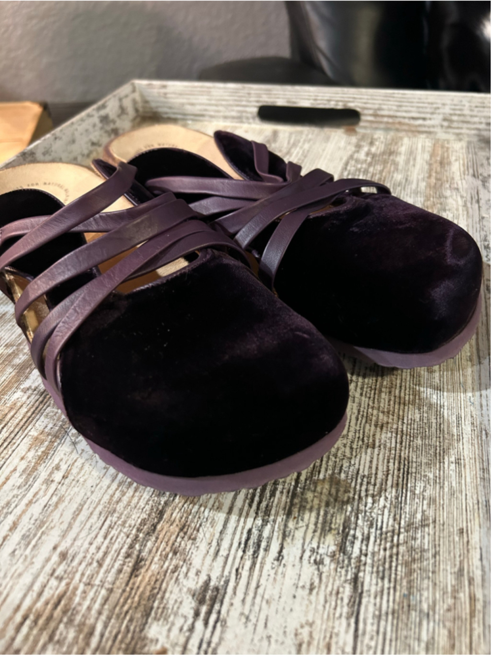 Think! Women's Velvet Mules Purple Strappy Cork Footbed Shoes